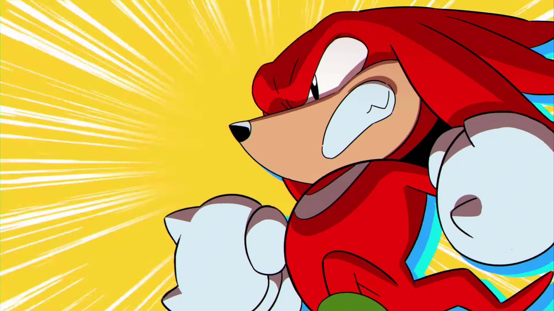 Knuckles 桌布 壁紙 — 紅色刺蝟 Knuckles 握緊拳頭，帶著堅定的表情，背景是明亮的黃色放射狀背景。