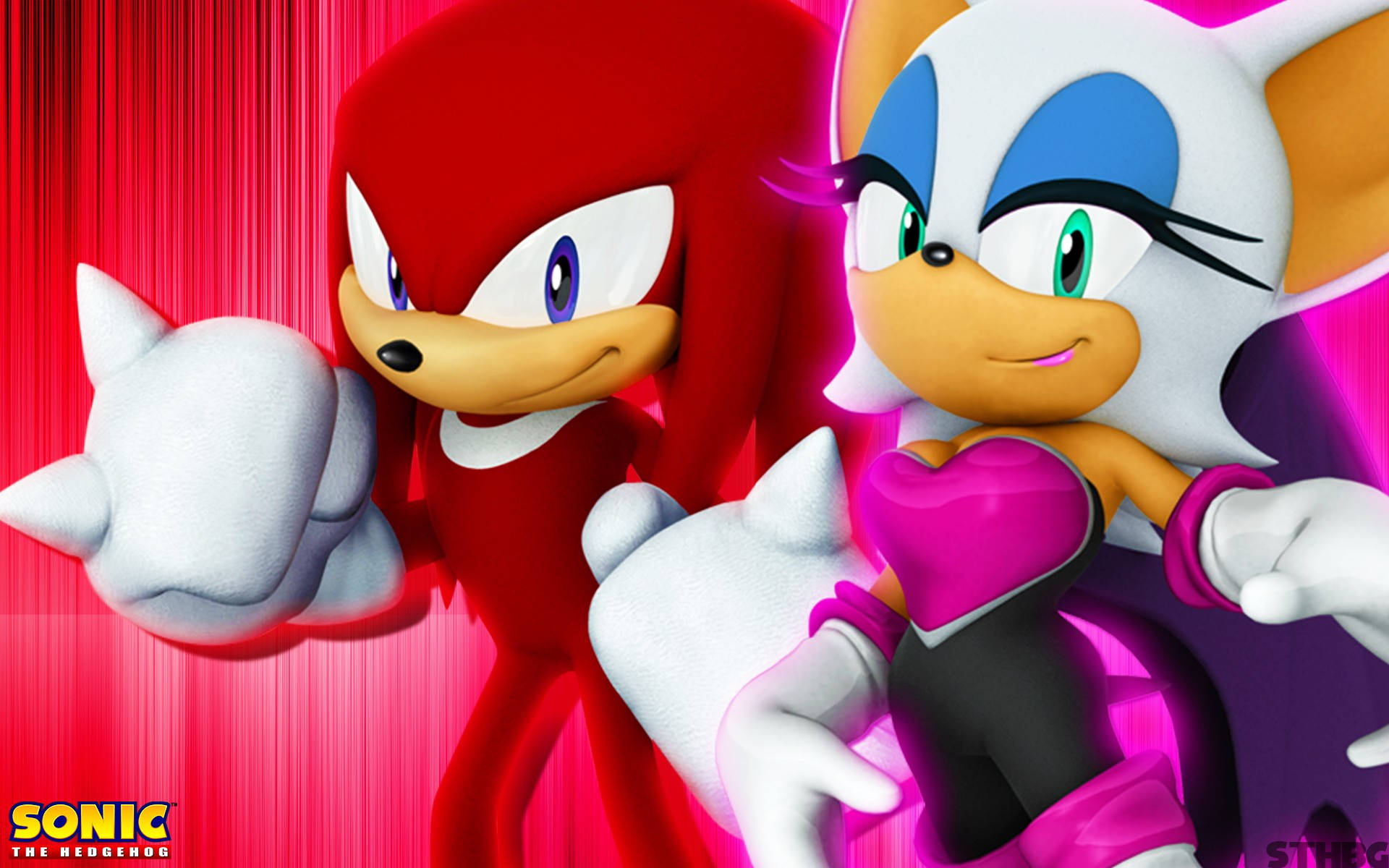 Knuckles 桌布 壁紙 — 紅色刺蝟Knuckles和白色刺蝟Rouge在充滿活力的粉紅色和紅色條紋背景前自信地擺姿勢。