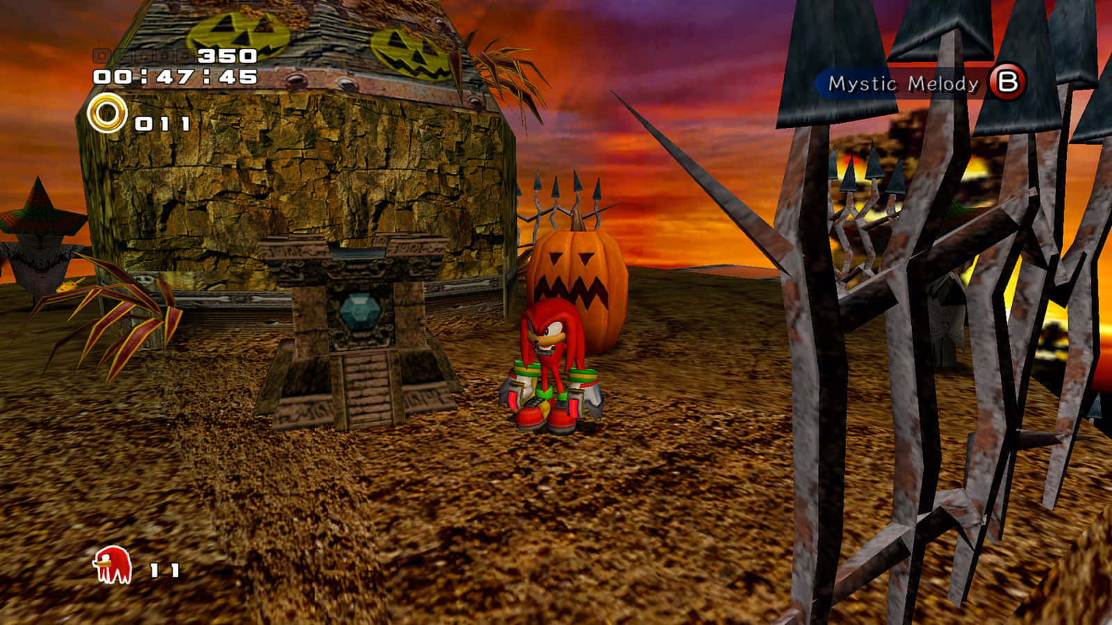 Sonic Pumpkin Hill 桌布 壁紙 — 紅色刺蝟站在一個萬聖節主題的電玩遊戲關卡中，在火紅的日落前，面對一個詭異的南瓜屋。