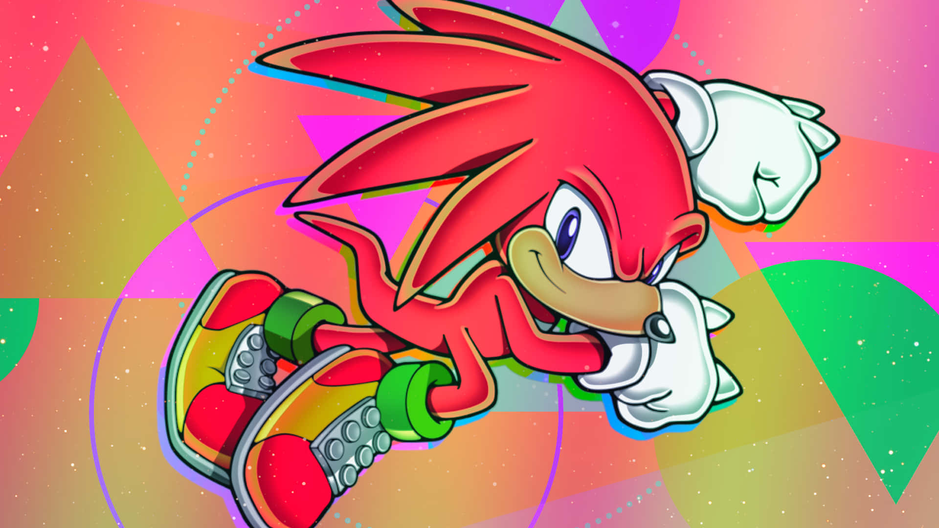 Sonic Characters 桌布 壁紙 — 紅色刺蝟納克魯斯以動態姿勢呈現，背景為充滿活力的幾何圖案和霓虹色彩。