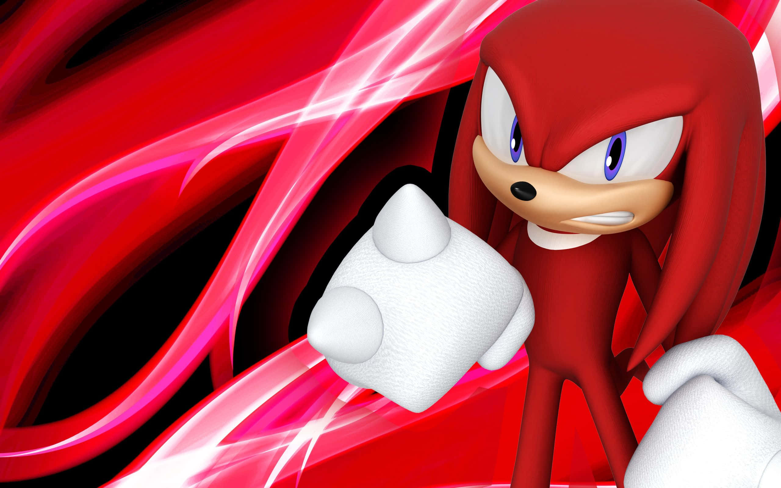 Knuckles 桌布 壁紙 — 紅色刺蝟納克魯斯動態地站在旋轉的紅色和黑色能量背景前，帶有發光的條紋。