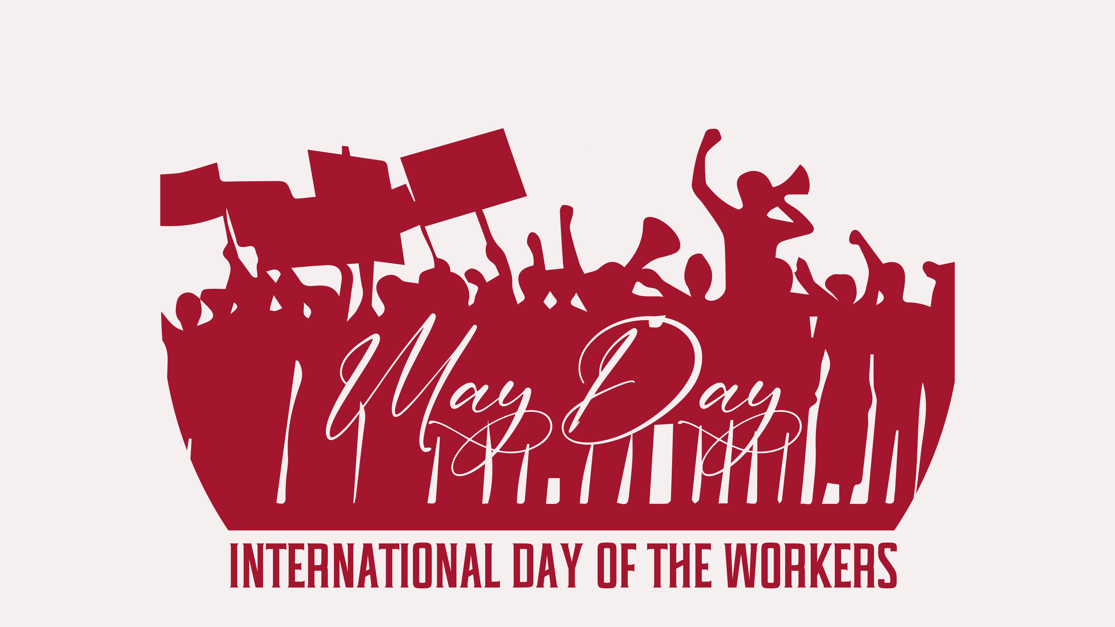 May Day 桌布 壁紙 — 紅色剪影，工人舉著標語牌和拳頭，慶祝五一國際勞動節。