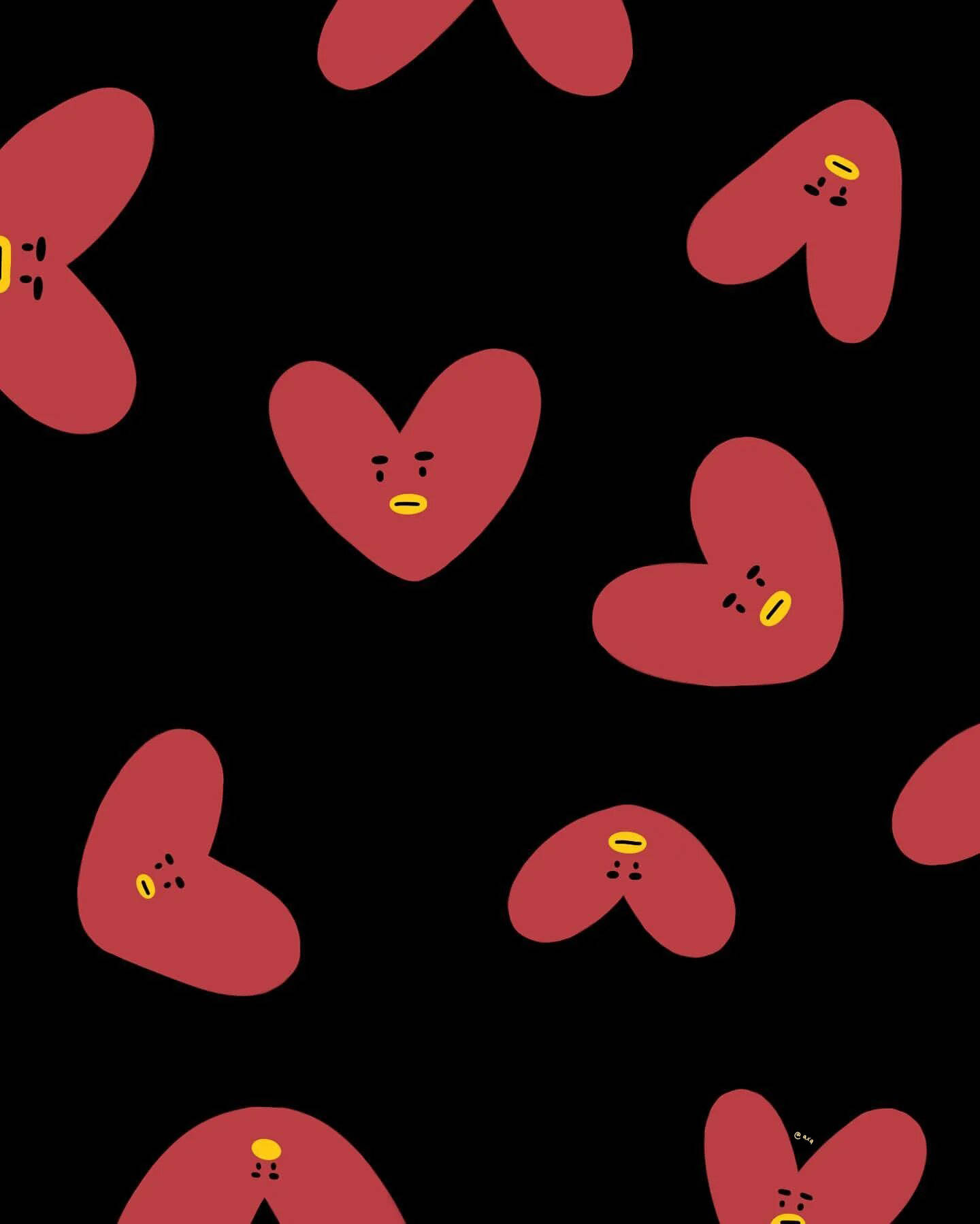 塔塔 BT21 桌布 壁紙 — 紅色卡通心形帶有簡單臉孔，漂浮在純黑色背景上，呈分散圖案。
