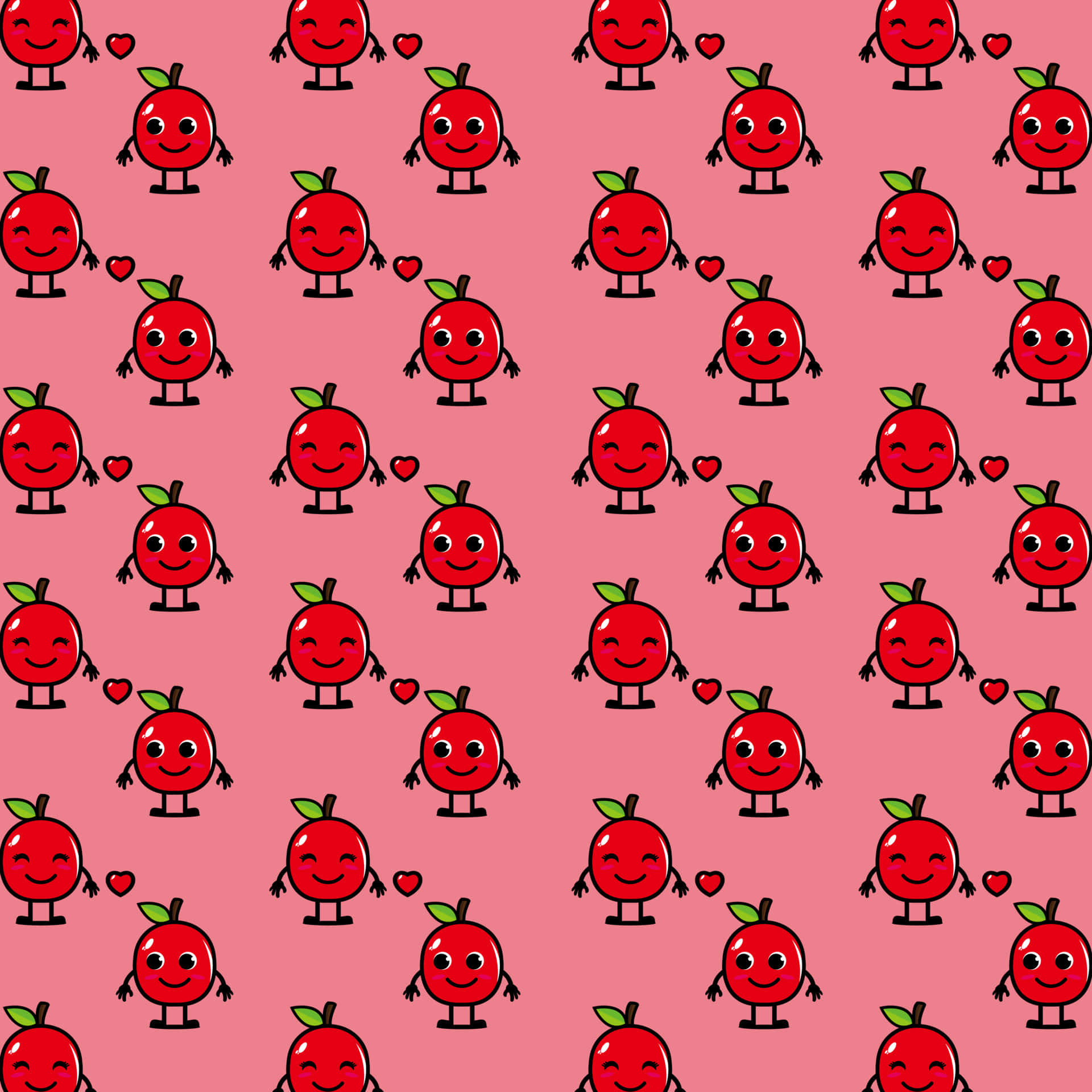 Kawaii Characters 桌布 壁紙 — 紅色卡通蘋果，有手腳和笑臉，在粉紅色背景上拿著小愛心。