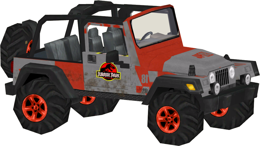 Clipart 桌布 壁紙 — 紅色和灰色的侏羅紀公園 Jeep Wrangler，帶有橙色輪圈和泥濘飛濺，背景透明。
