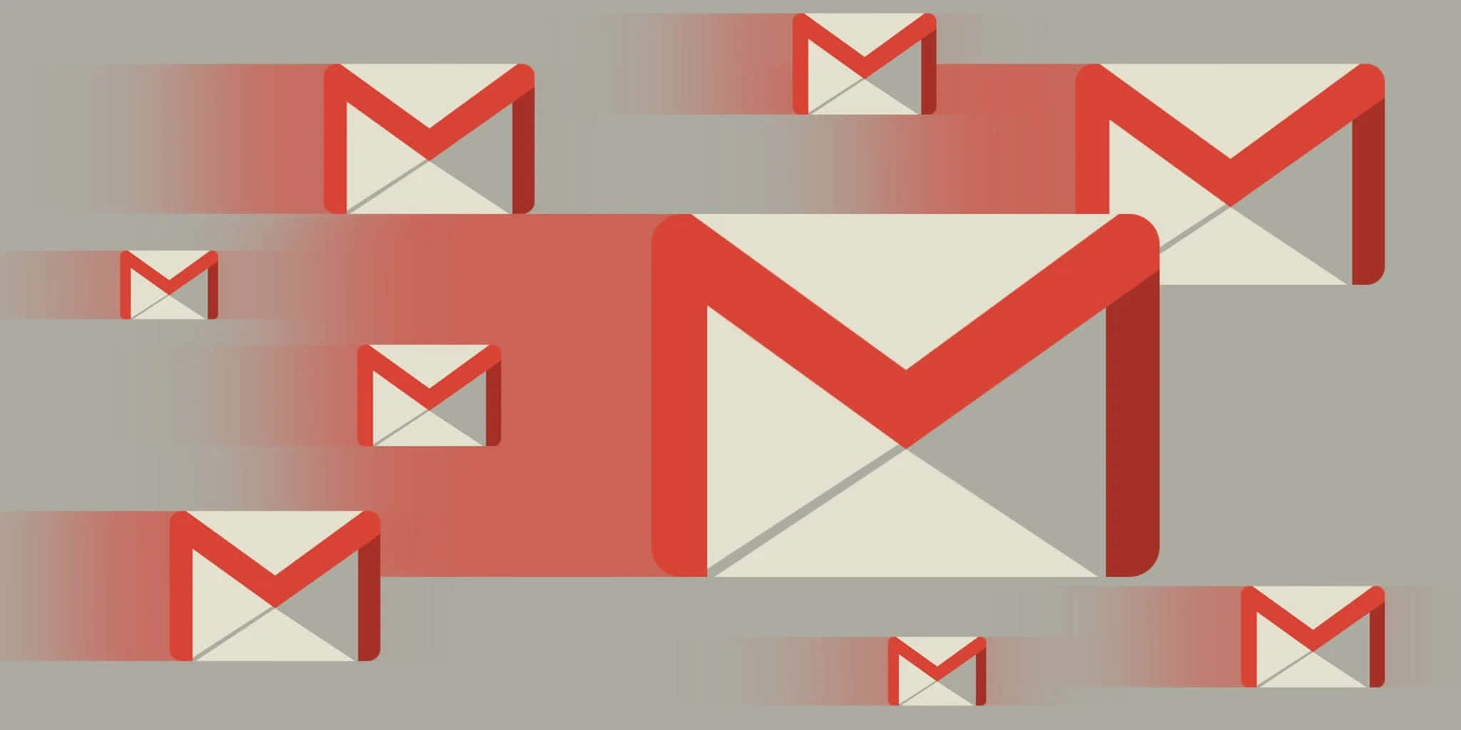 Gmail 動圖 桌布 壁紙 — 紅色和白色的 Gmail 信封圖示在柔和的灰色背景上動態漂浮，帶有柔和的動態模糊效果。