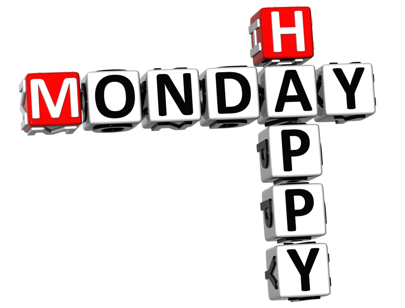 Monday 桌布 壁紙 — 紅色和白色的3D字母方塊在純白色背景上拼出十字形狀的「HAPPY MONDAY」。