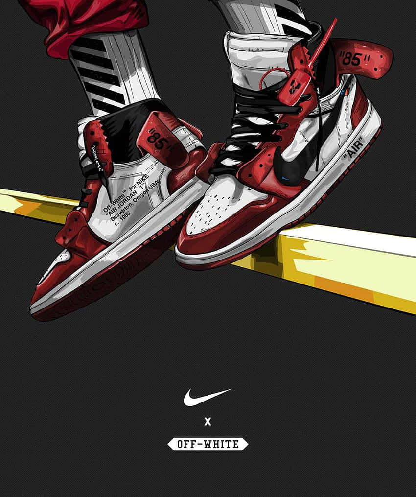 Dope Jordan 桌布 壁紙 — 紅色和白色的Nike Air Jordan 1運動鞋帶有Off-White品牌標誌，漂浮在深色背景上的黃色條上方。