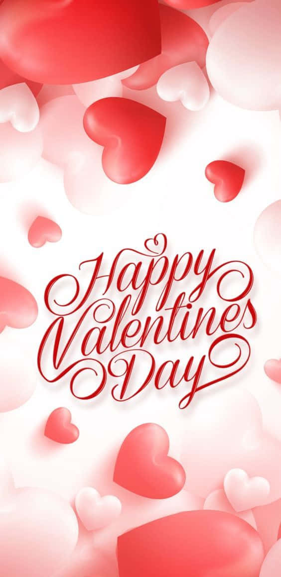 Valentine Hearts 桌布 壁紙 — 紅色和白色的心形在優雅的手寫文字「Happy Valentines Day」周圍飄浮，背景為柔和的漸變色。