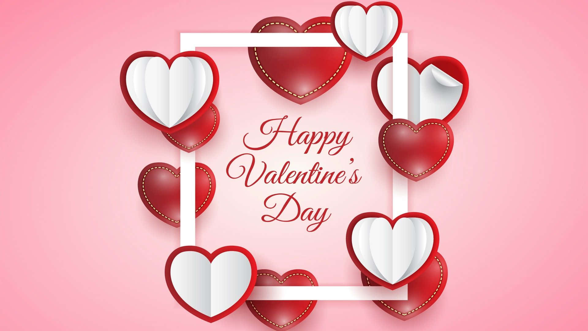 Valentines 桌布 壁紙 — 紅色和白色的紙心心在柔和的粉紅色背景上，圍繞著「Happy Valentine's Day」文字形成節日框架。