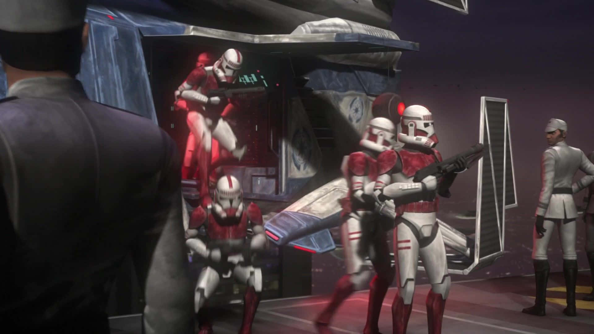 Clone Wars 桌布 壁紙 — 紅色和白色的風暴兵在光線昏暗的科幻機庫中，靠近一艘太空船，警覺地站立，周圍有發光的面板。