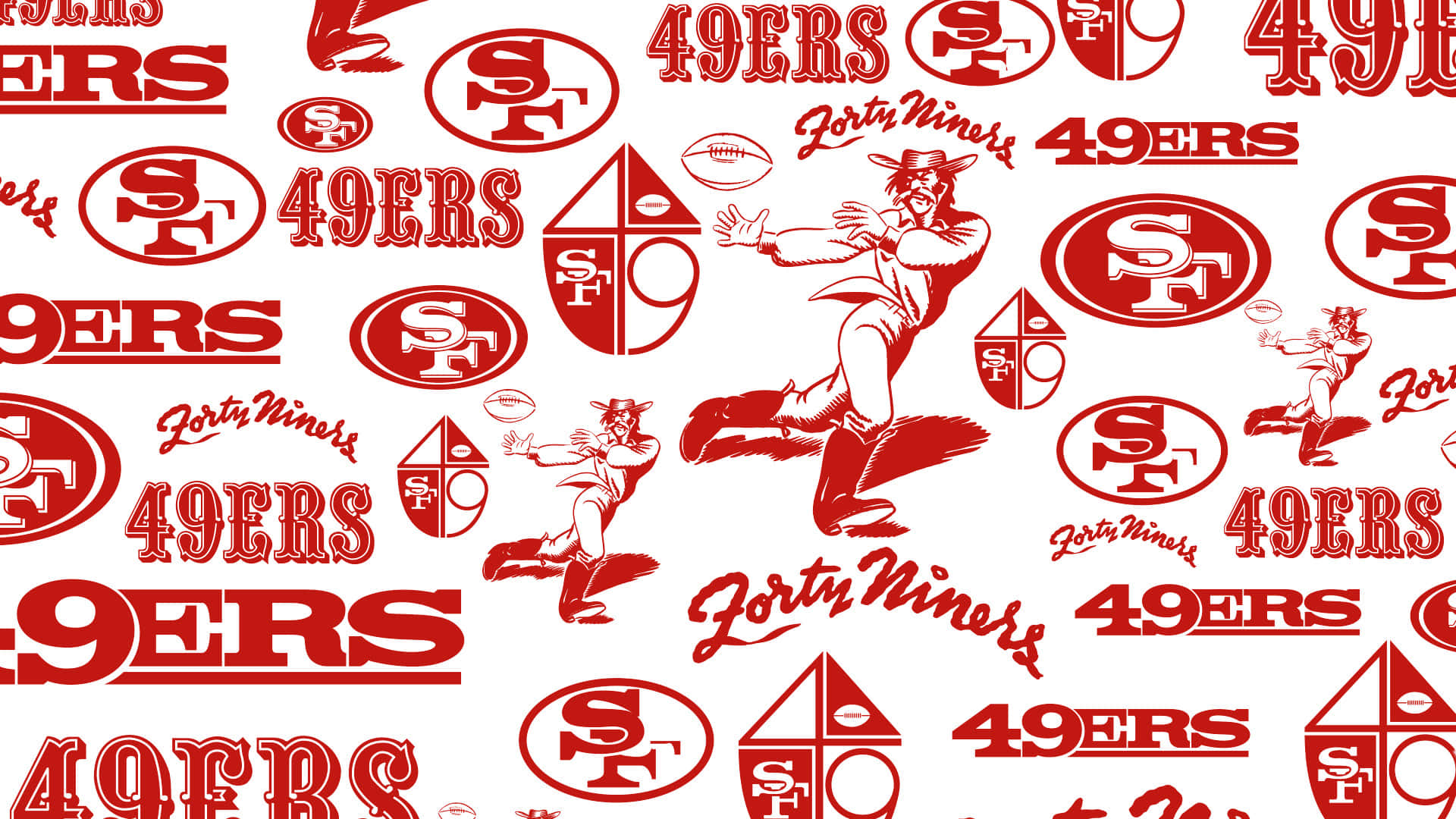 49ers 桌布 壁紙 — 紅色和白色重複的 San Francisco 49ers 標誌和卡通球員圖案，背景乾淨。