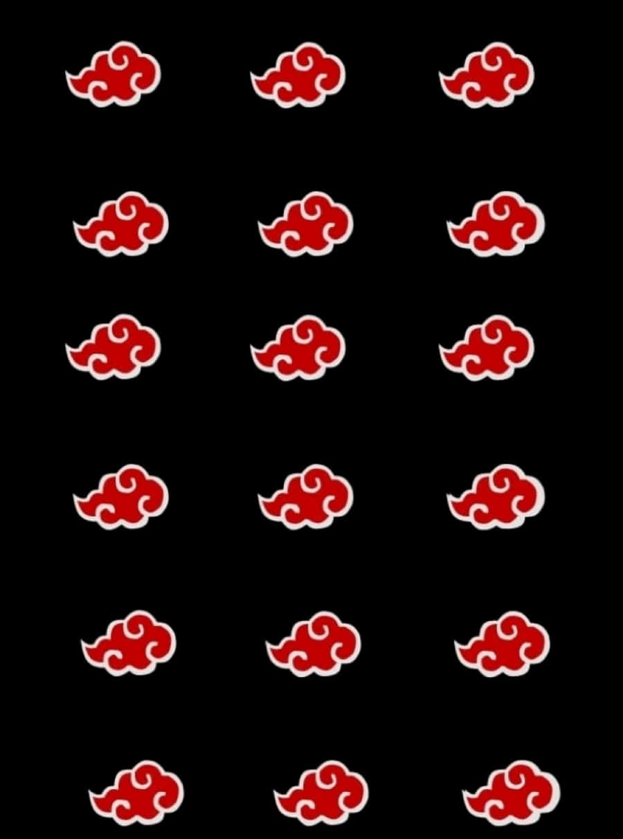 Akatsuki Symbol 桌布 壁紙 — 紅色和白色風格化的雲朵以網格排列在黑色背景上。