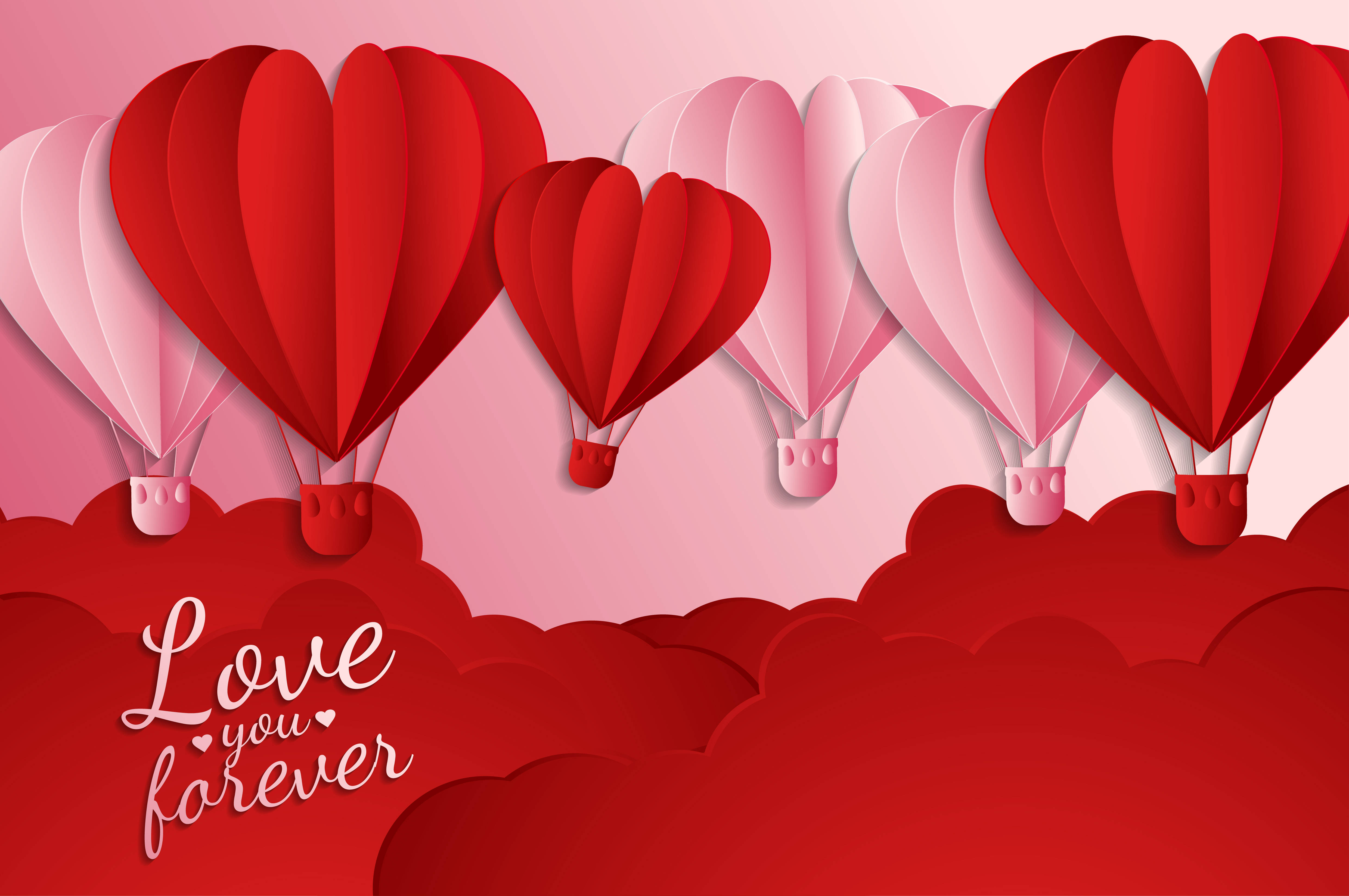 Valentines 桌布 壁紙 — 紅色和粉紅色的心形熱氣球在層層雲朵上方飄揚，並帶有「Love you forever」字樣。