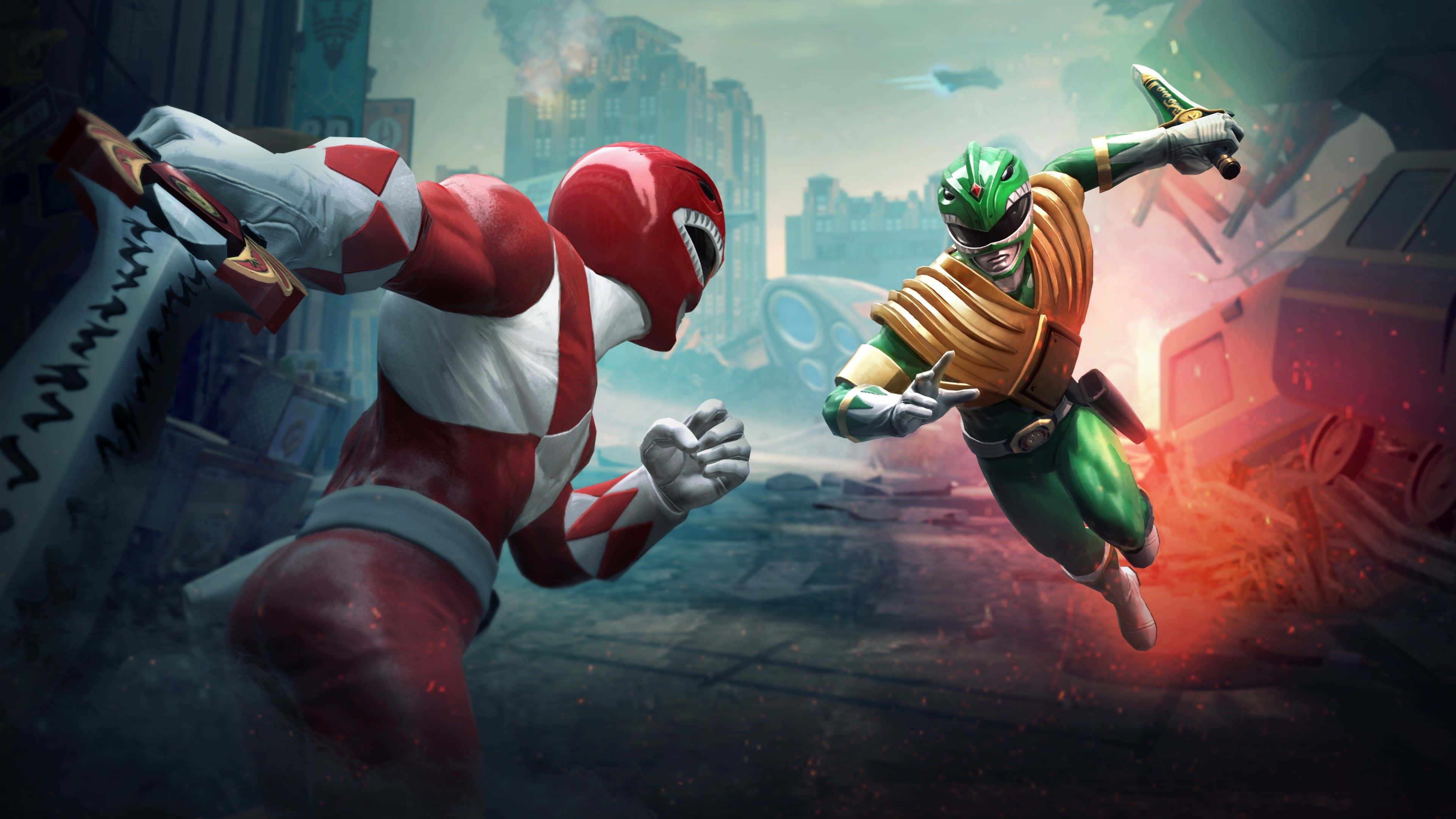 金剛戰士 桌布 壁紙 — 紅色和綠色的Power Rangers在一個充滿煙霧和飛揚碎片的 gritty 城市戰場上衝突。