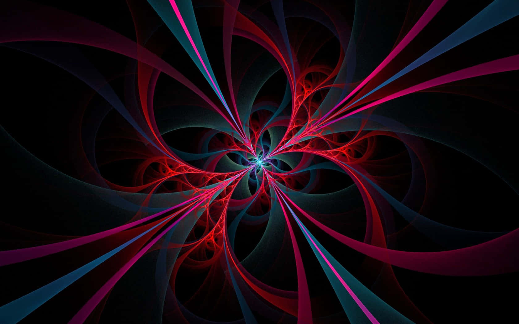 3d Abstract 桌布 壁紙 — 紅色和藍綠色的鮮豔分形卷鬚在黑色虛空中向內螺旋，形成迷人的數位漩渦。