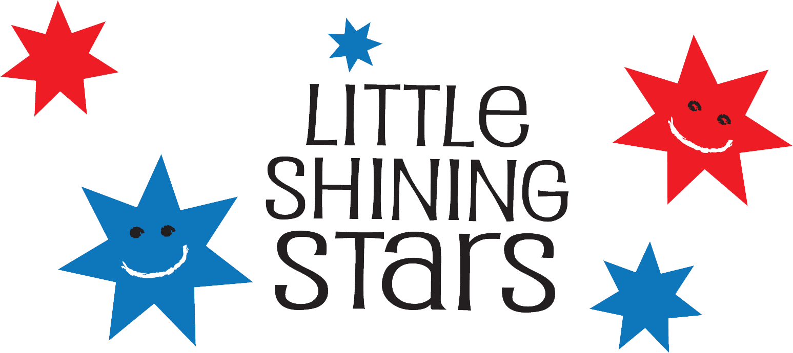 Learning 桌布 壁紙 — 紅色和藍色微笑星星圍繞著粗體文字「Little Shining Stars」，背景為潔淨的白色。