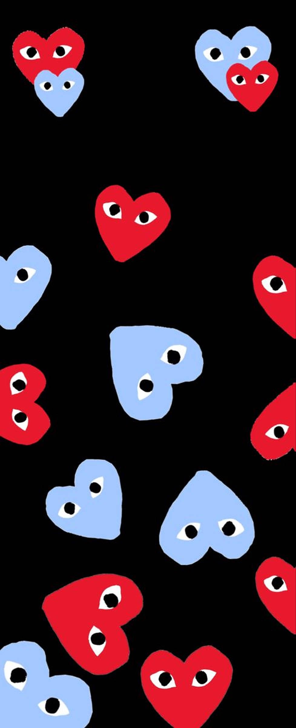 cdg 桌布 壁紙 — 紅色和藍色的心形圖案帶有眼睛，在黑色背景上以俏皮的散落圖案漂浮。