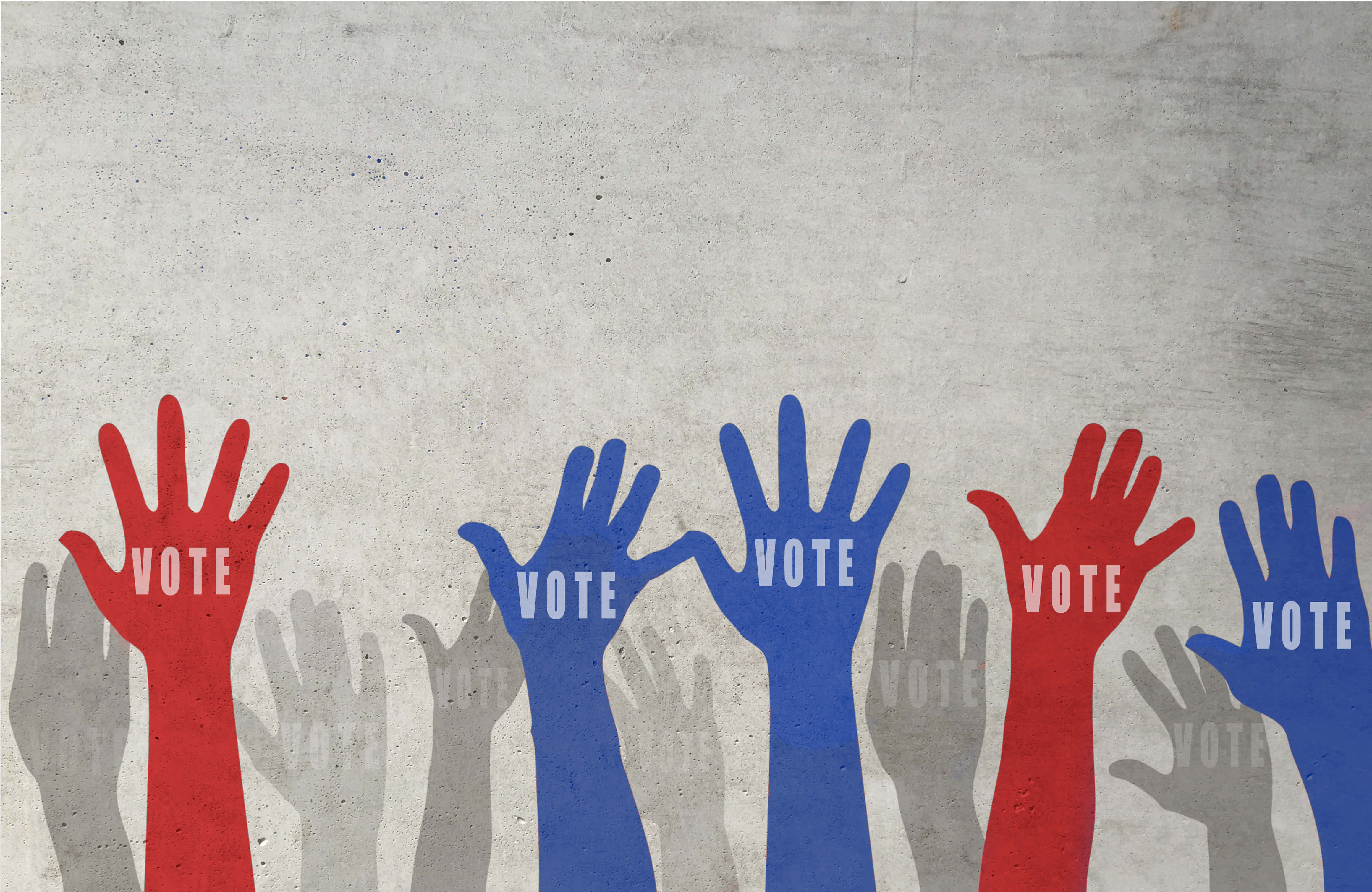 Republican 桌布 壁紙 — 紅色和藍色的手帶有「VOTE」文字，在帶有紋理的混凝土牆上投下陰影升起。