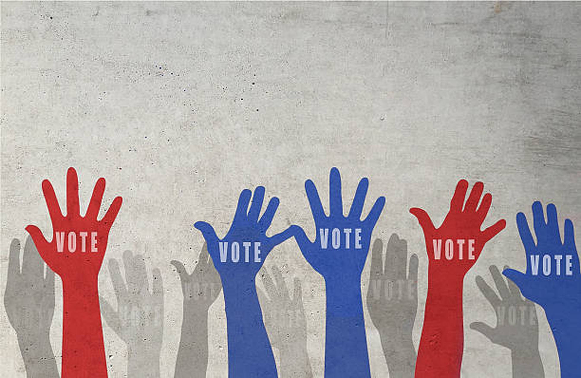 Election 桌布 壁紙 — 紅色和藍色的手帶有「VOTE」文字，在帶有紋理的混凝土牆上投下陰影升起。