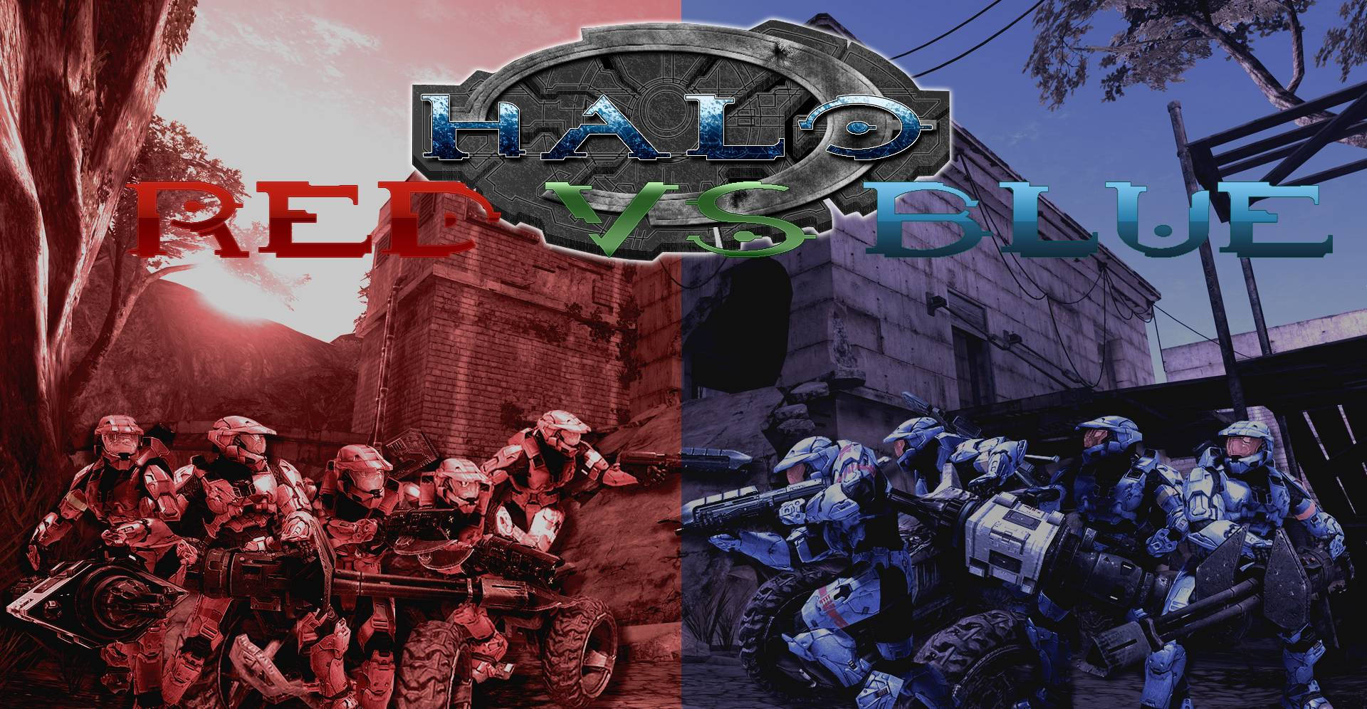 Red Vs Blue 桌布 壁紙 — 紅色和藍色裝甲士兵在分割畫面Halo戰鬥場景中對峙，帶有戲劇性的燈光效果。