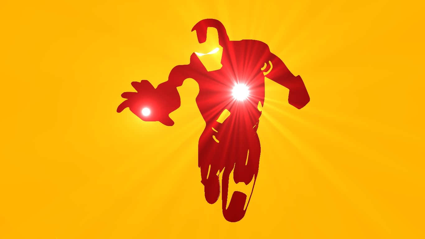 1366x768 Iron Man 桌布 壁紙 — 紅色和金色的鋼鐵人剪影，背景為明亮的黃色，帶有發光的斥力炮。