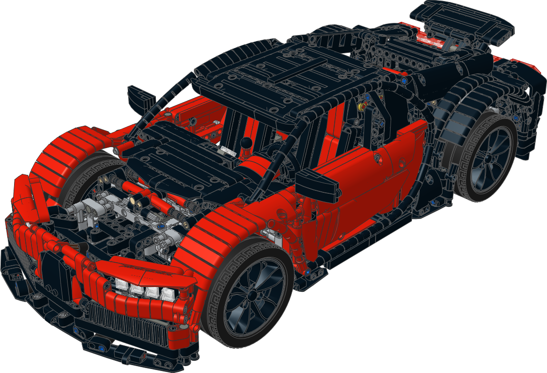 布加迪 桌布 壁紙 — 紅色和黑色LEGO Technic跑車的詳細剖面圖，展現其複雜的機械內部結構。