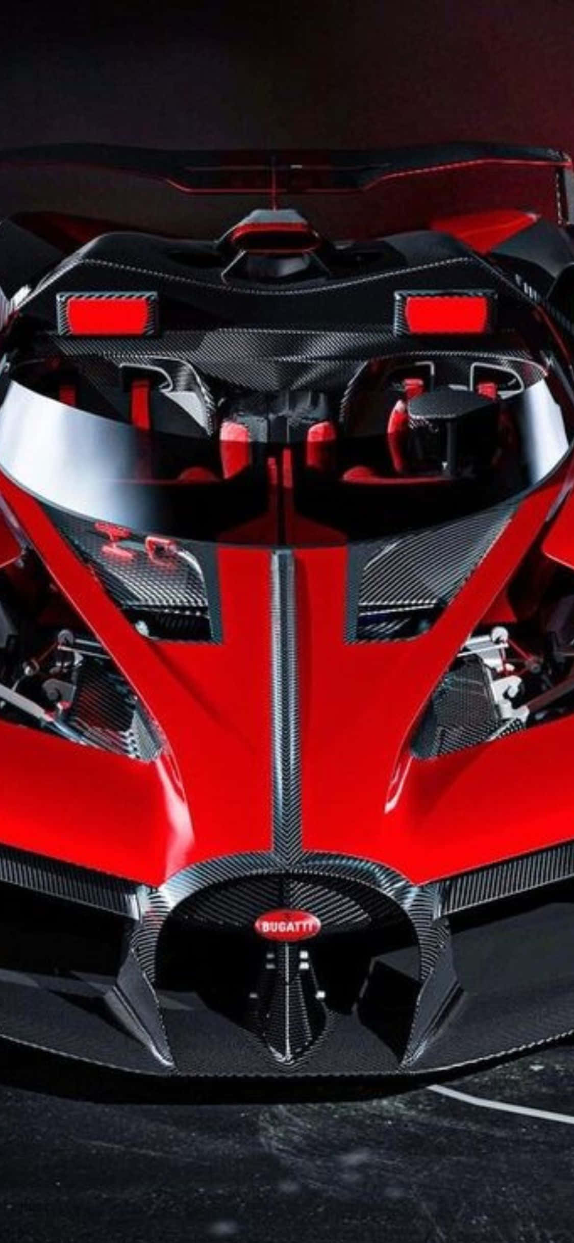 iPhone Xs Bugatti 桌布 壁紙 — 紅色和黑色布加迪超跑的近距離特寫，展示其碳纖維車身和複雜的引擎細節。