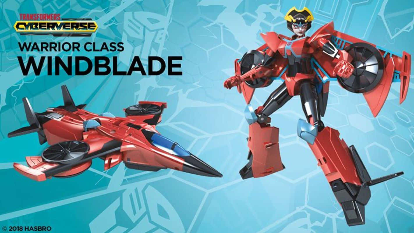 Animated 桌布 壁紙 — 紅色和黑色的 Windblade 機器人和噴射機模式來自 Transformers Cyberverse，背景為藍色六邊形。