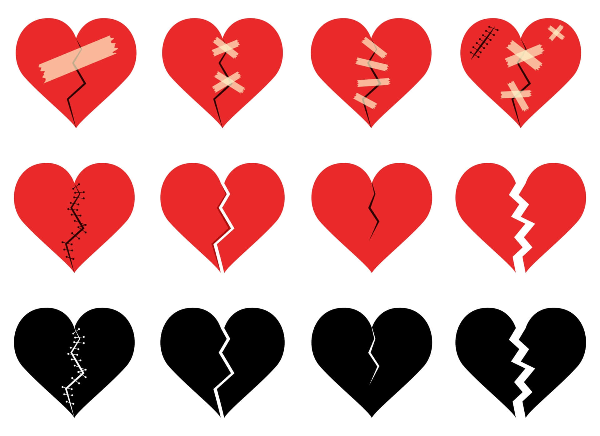 Heartbreaks 桌布 壁紙 — 紅色和黑色的心形圖案，上面有裂縫，用膠帶或縫線修補，形成網格狀。