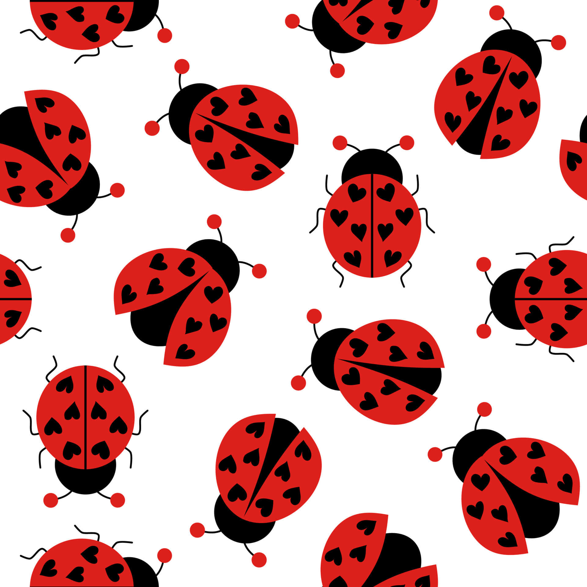 ladybug 桌布 壁紙 — 紅色和黑色的瓢蟲帶有心形圖案，在白色背景上重複形成俏皮的無縫圖案。