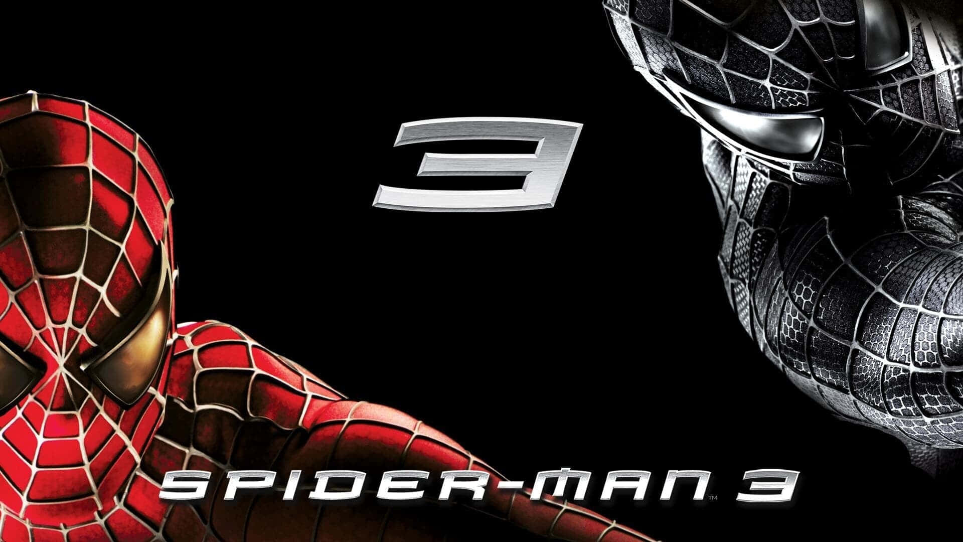Spider Man 3 桌布 壁紙 — 紅色和黑色的蜘蛛人戰衣在純黑色背景上對峙，背景上有一個發光的銀色數字三標誌。