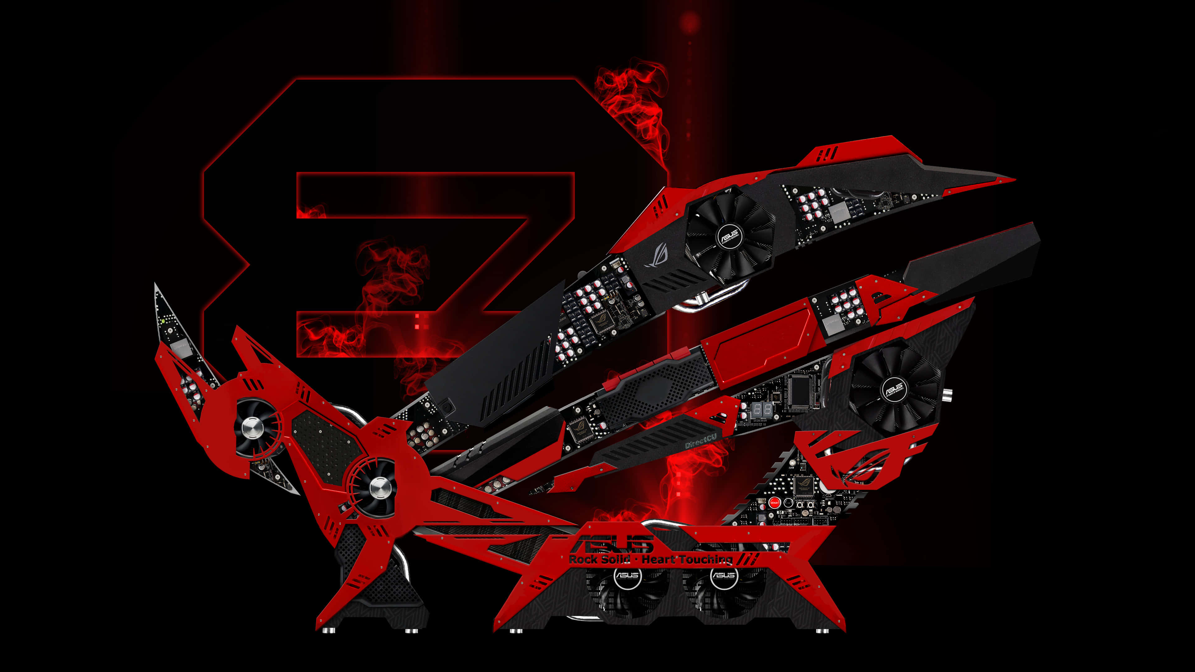 Rog 桌布 壁紙 — 紅色和黑色的遊戲電腦組件在黑暗背景上動態排列，帶有發光的紅色煙霧和風格化的數字8。