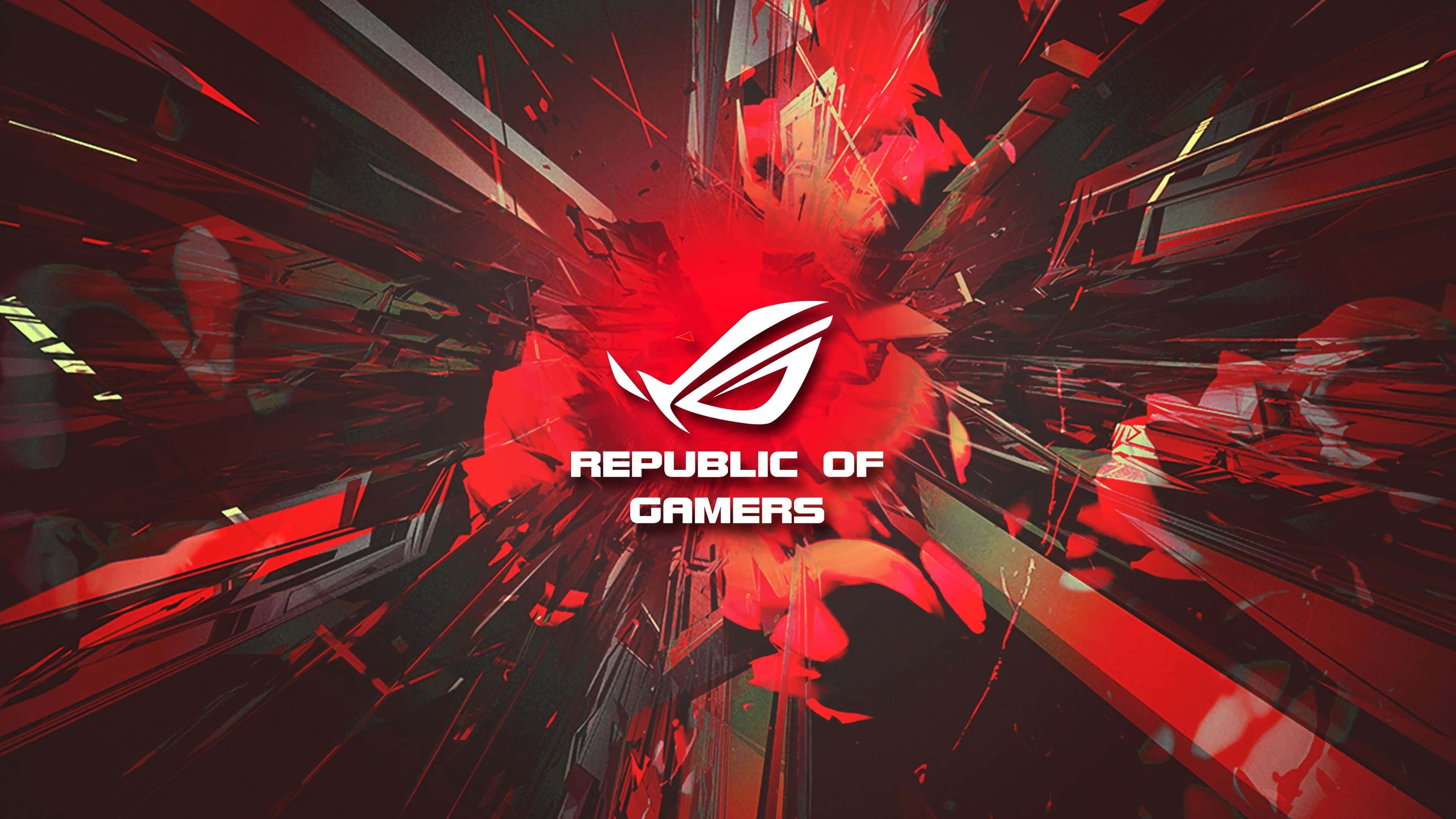 ASUS 桌布 壁紙 — 紅色和黑色碎片的動態數位爆炸圍繞 Republic of Gamers 標誌向外輻射。