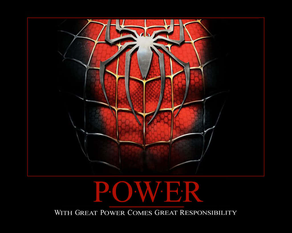 With Great Power Comes Great Responsibility 桌布 壁紙 — 紅色和黑色蜘蛛人套裝的特寫，金屬蜘蛛標誌在黑暗背景上發光。