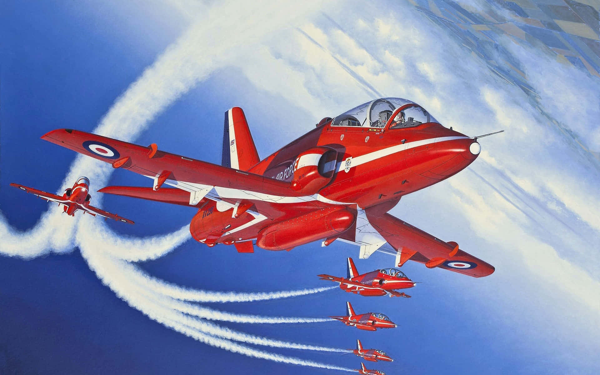 Aircraft 桌布 壁紙 — 紅色噴射機在明亮的藍天中以緊密編隊翱翔，留下白色煙霧痕跡。
