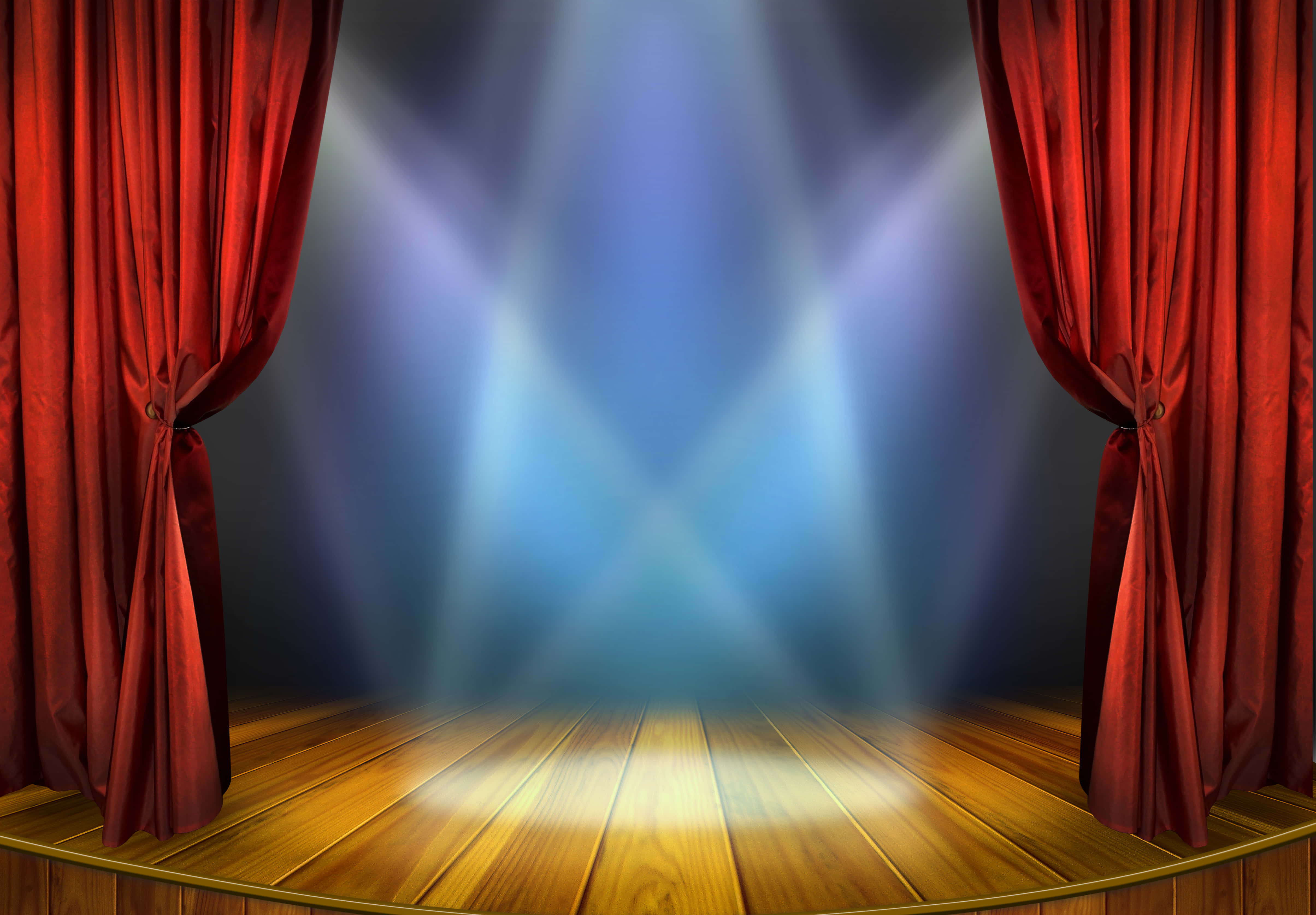 show 桌布 壁紙 — 紅色天鵝絨窗簾框住一個木製舞台，舞台沐浴在戲劇性的藍色聚光燈下。