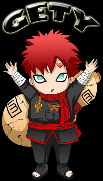 Gaara Naruto Anime 桌布 壁紙 — 紅色尖刺頭髮和綠色眼睛的Q版動漫角色，在黑色背景上舉起雙臂站立，上方有發光的「GETY」文字。