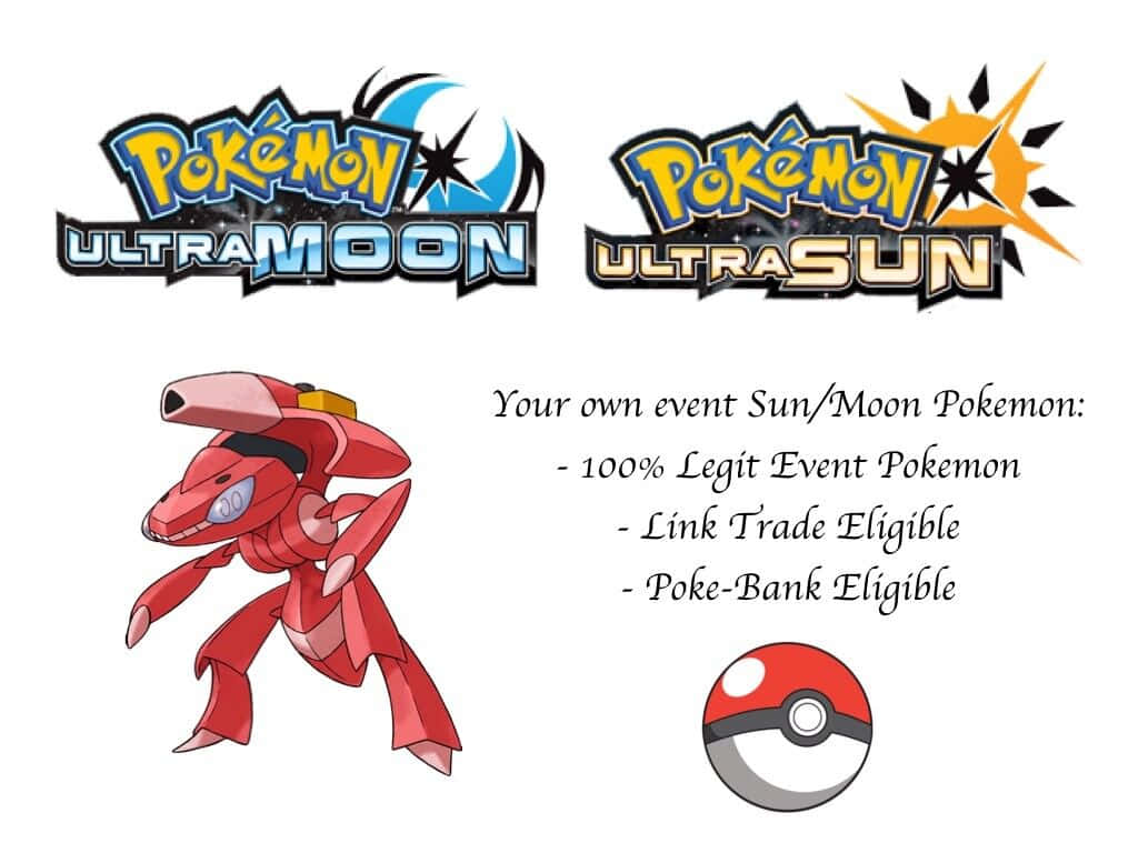 任天堂 桌布 壁紙 — 紅色巨鉗螳螂站在 Pokémon 究極之日和究極之月的標誌旁邊，附有活動詳情和精靈球。