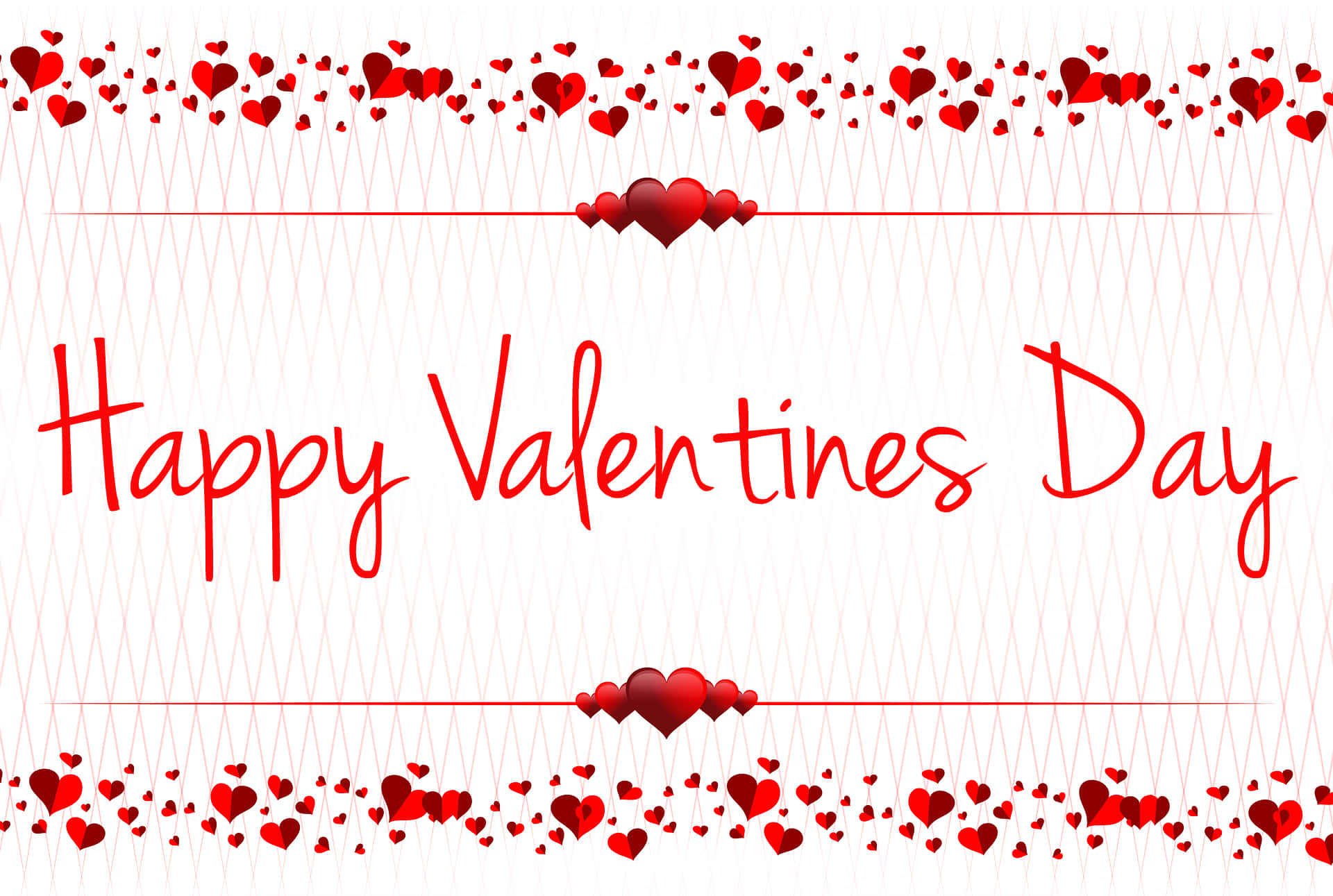 High Resolution Valentines Day 桌布 壁紙 — 紅色心形和草書文字在帶有對角線的白色背景上慶祝情人節。