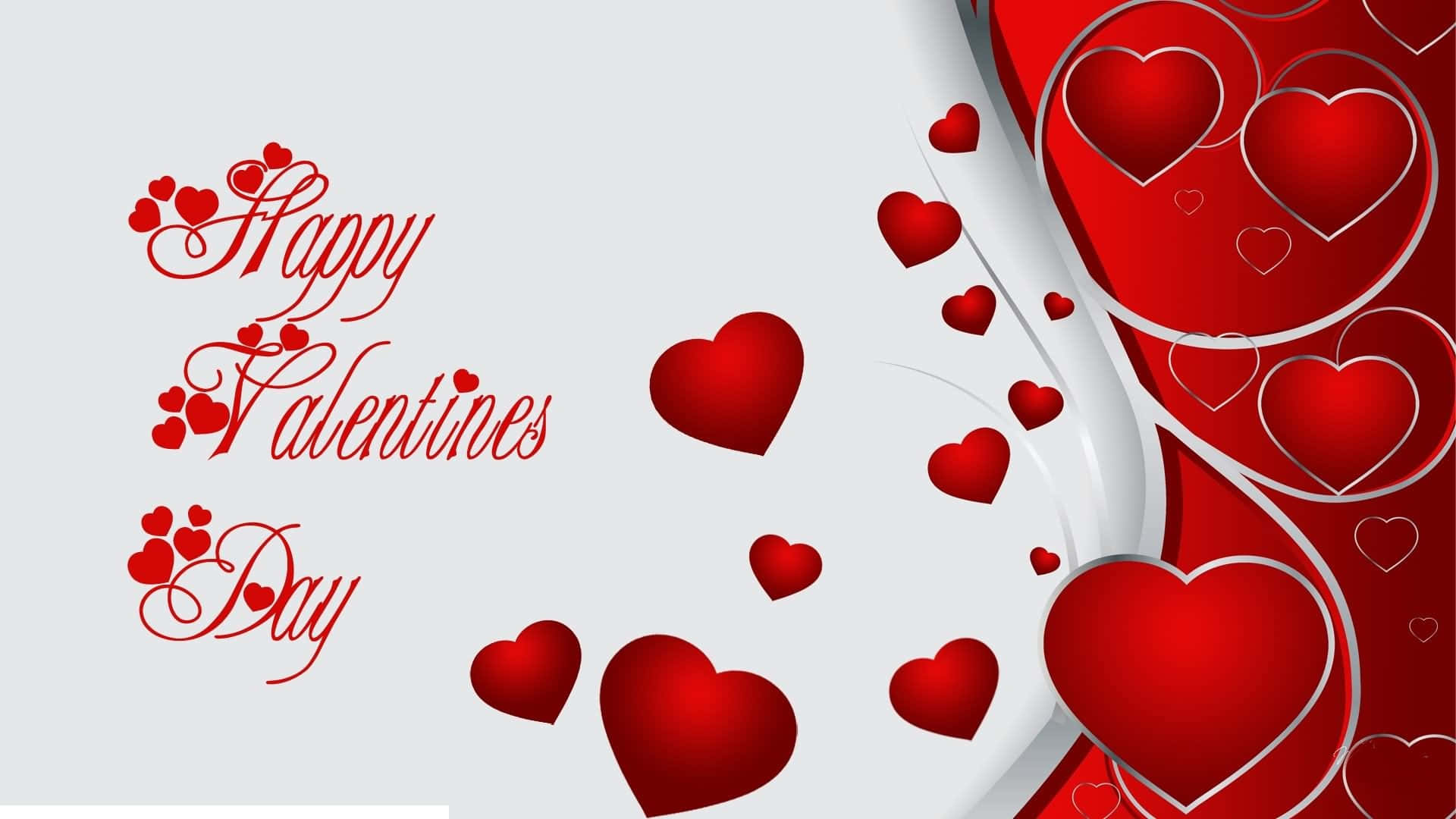 桌布 壁紙 — 紅色心形在優雅的手寫文字「Happy Valentine's Day」周圍旋轉，背景為柔和的灰色。
