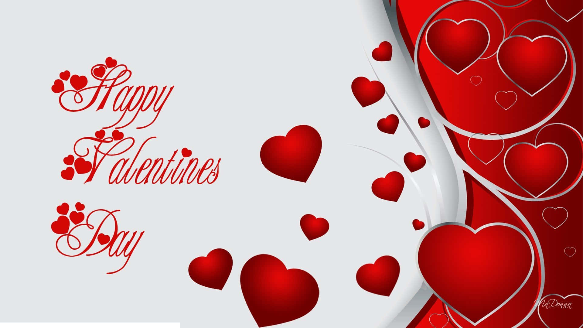 valentine 桌布 壁紙 — 紅色心形在優雅草書文字 'Happy Valentine's Day' 周圍旋轉，背景為柔和灰色。