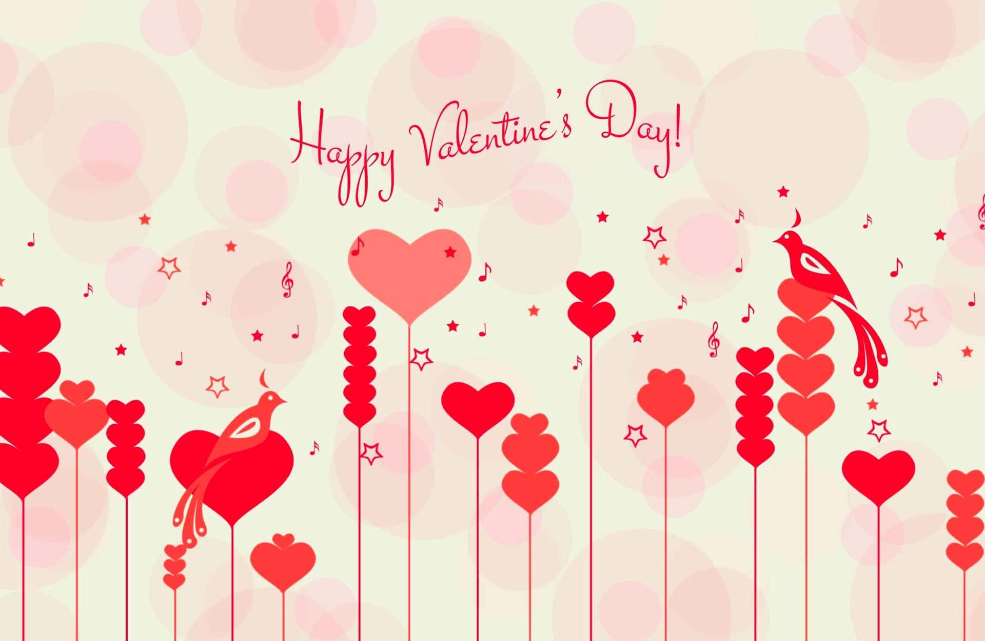 valentine 桌布 壁紙 — 紅色心形花朵和帶有音符的鳥兒漂浮在柔和的粉紅色散景背景上，並有「Happy Valentine's Day!」文字。