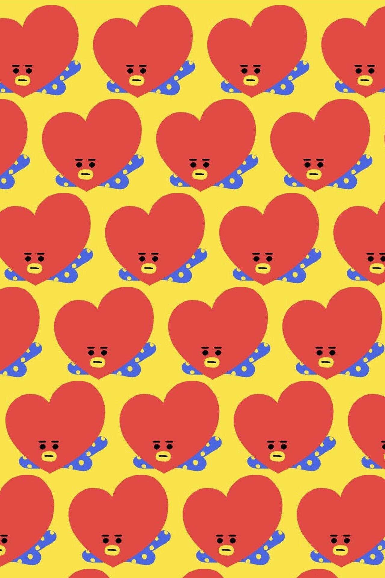 塔塔 BT21 桌布 壁紙 — 紅色心形角色配藍色翅膀在亮黃色背景上以俏皮圖案重複出現。