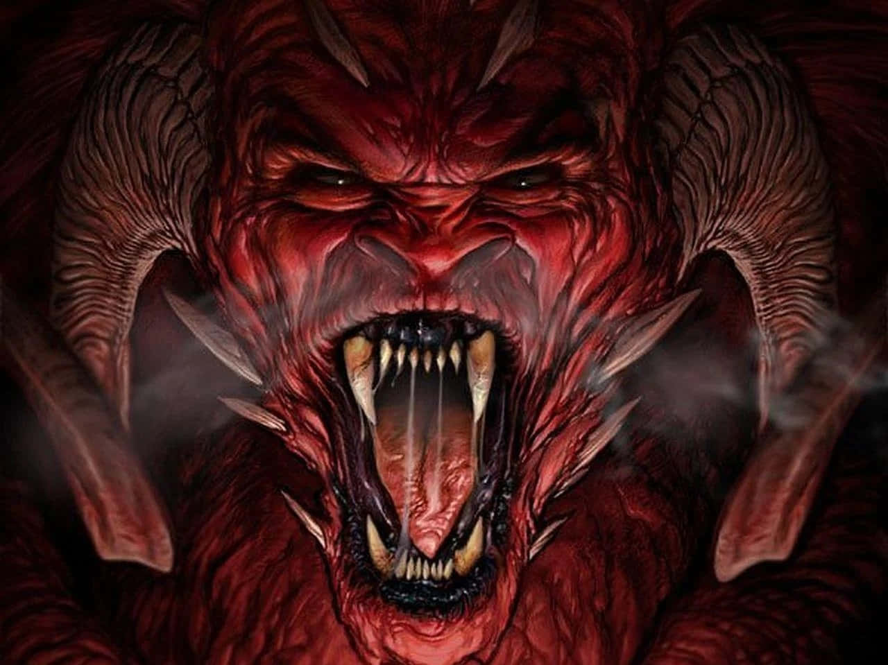 紅色惡魔，頭上有角、張著嘴 壁紙