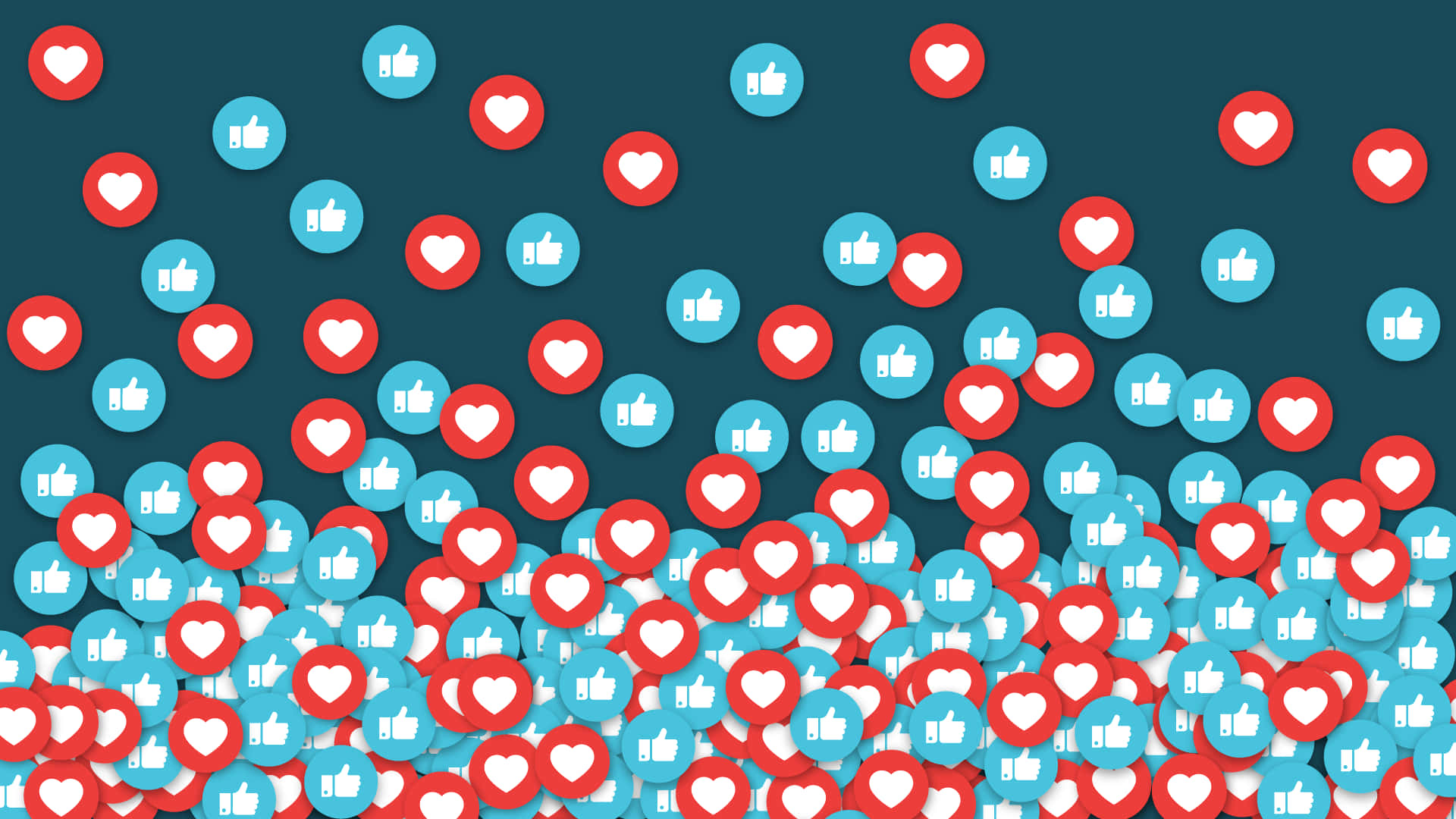 Social Media Icons 桌布 壁紙 — 紅色愛心和藍色豎起大拇指圖示的瀑布在深青色背景上漂浮。