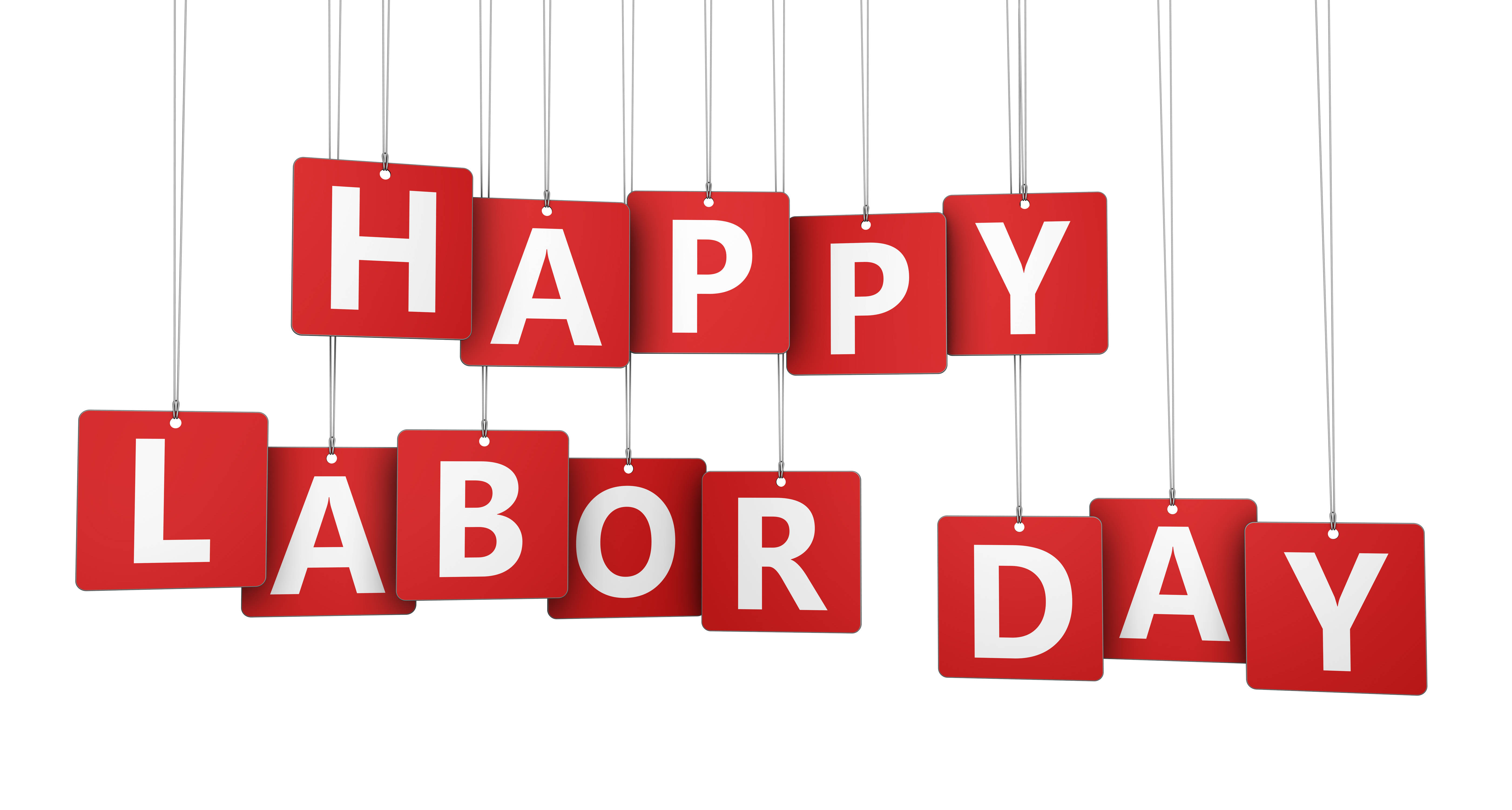 Labor 桌布 壁紙 — 紅色懸掛標誌在乾淨的白色背景上用粗體白色字母拼出 happy labor day。