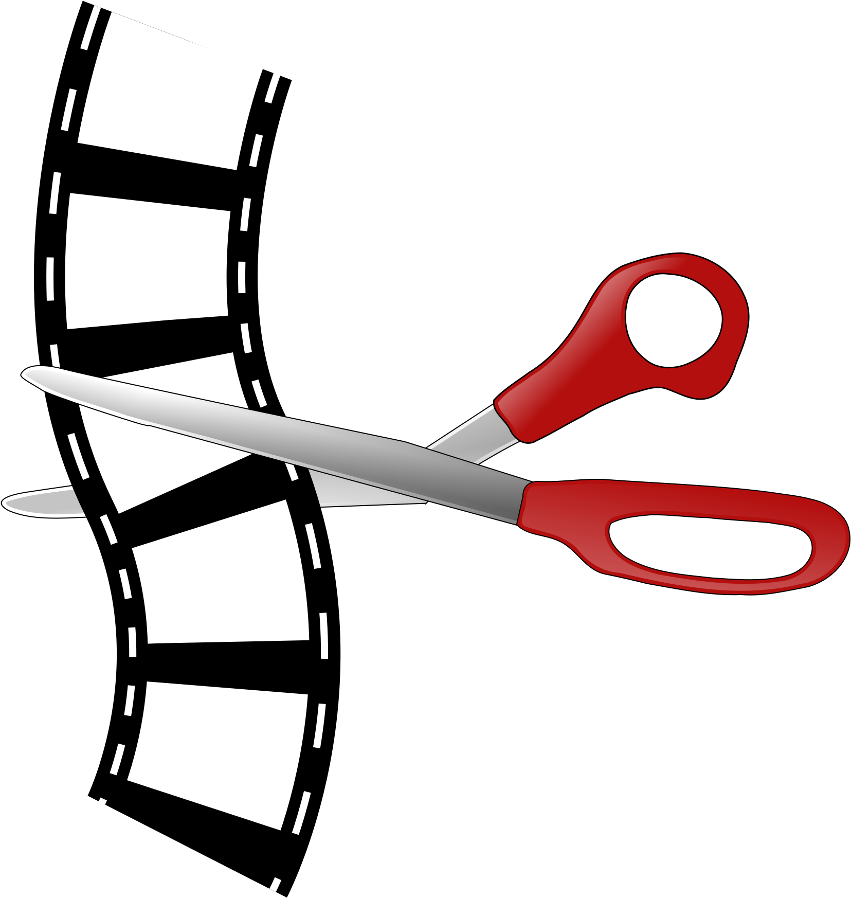Scissors 桌布 壁紙 — 紅色手柄剪刀剪開黑色背景上的白色膠片條。