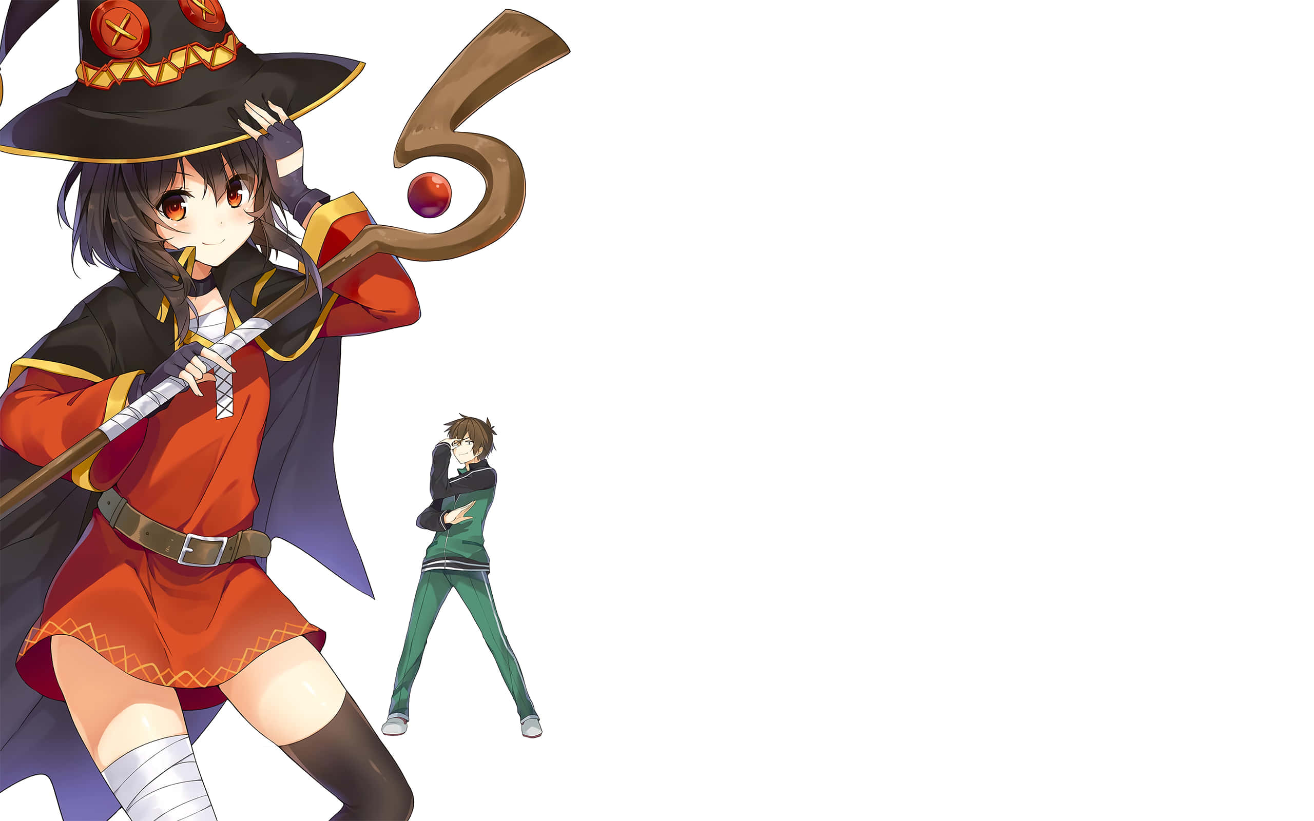 Konosuba 桌布 壁紙 — 紅色服裝的動漫女巫揮舞著法杖，綠色衣服的男孩站在後面，背景為純白色。