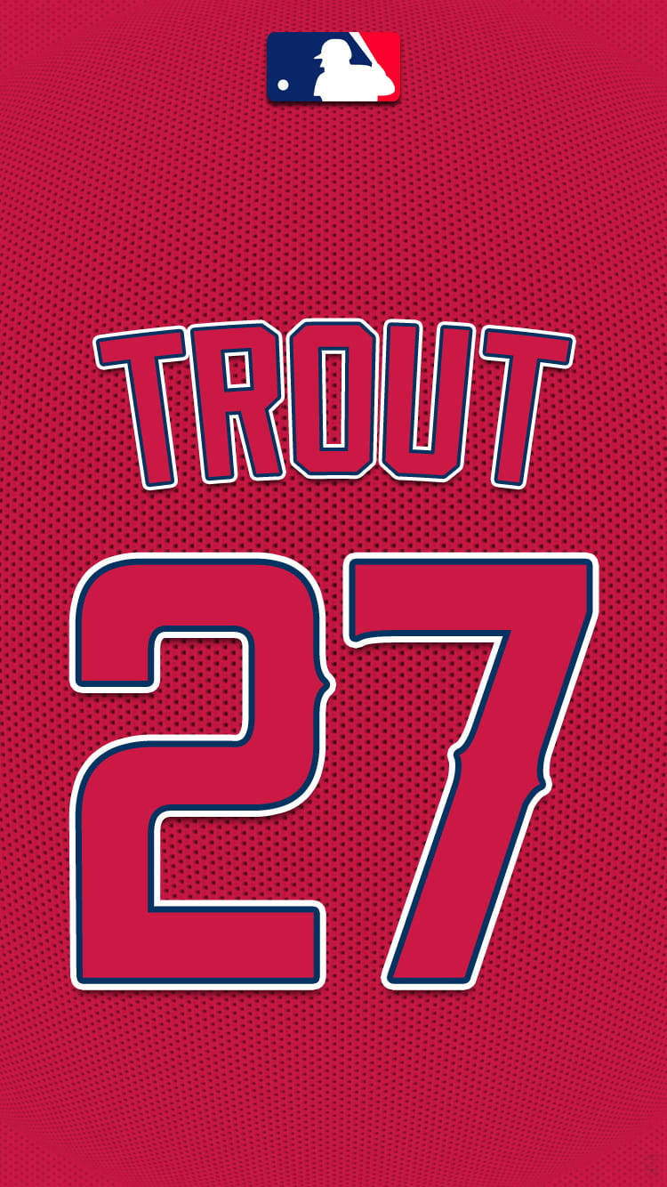 Mike Trout 桌布 壁紙 — 紅色棒球衣的特寫，上面有 'TROUT' 和號碼 '27'，以粗體白色和藍色字樣呈現。